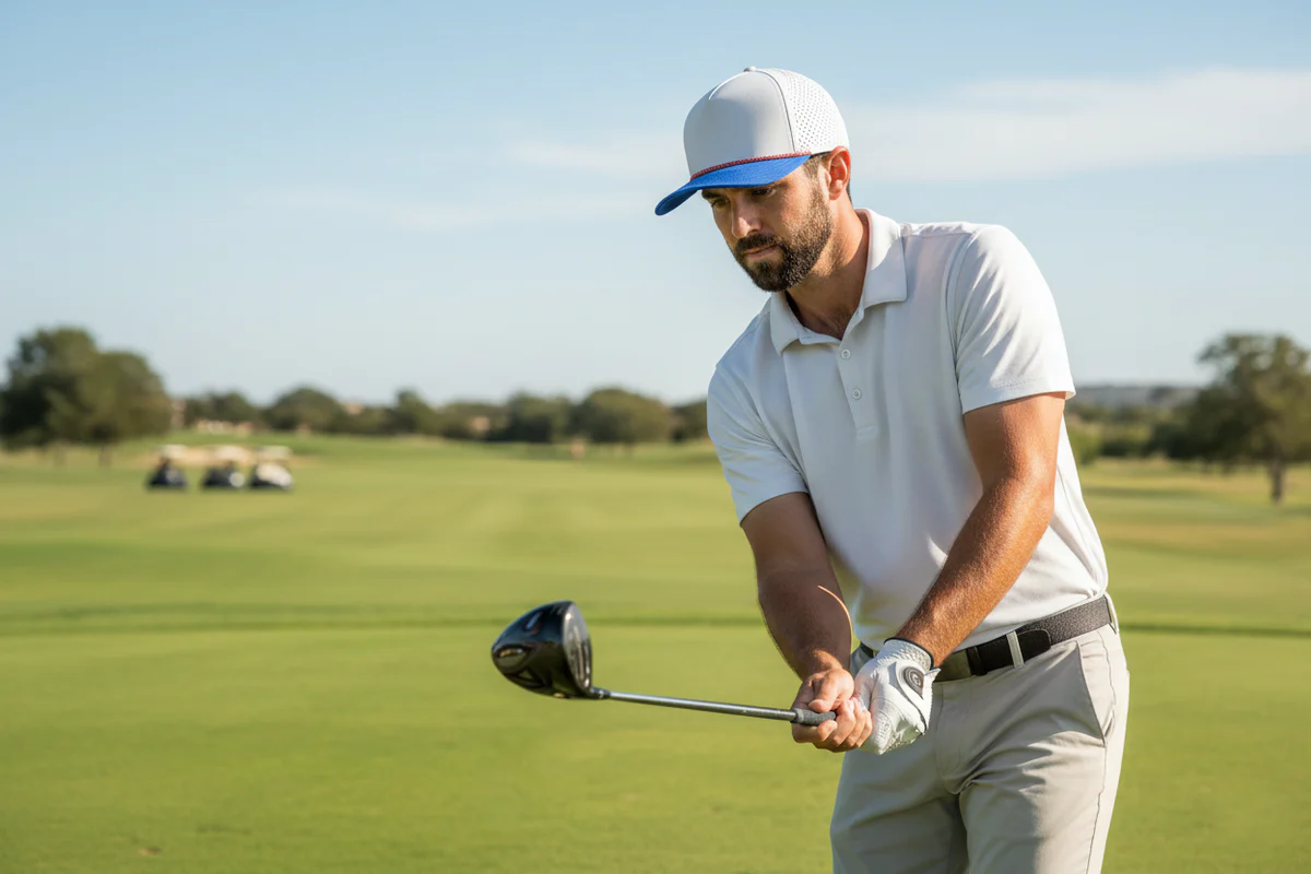 A person on a golf course swinging a golf club wearing a blank 5 panel hat.