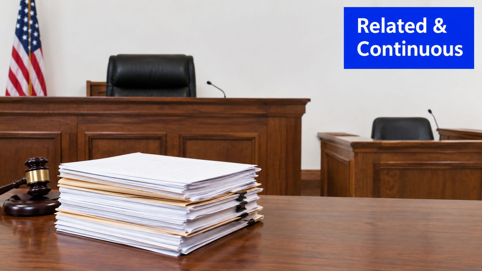 A stack of legal documents and a wooden gavel resting on a table in a courtroom.