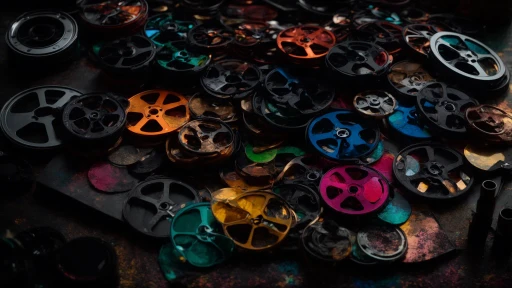 colorful film reels and palettes artistically scattered across a dark, cinematic background, embodying the essence of cinematic storytelling through color.