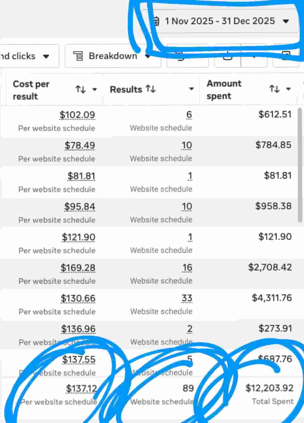Meta Ads Manager showing 89 booked appointments across November and December 2025