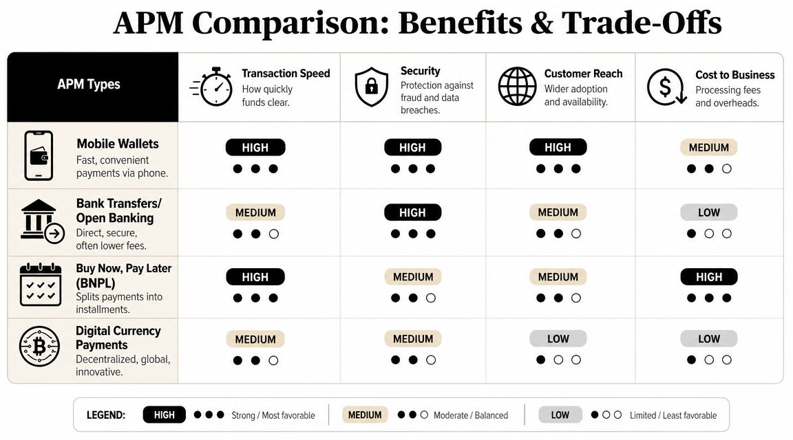A comparison table outlining benefits and trade-offs for different alternative payment methods like mobile wallets and bank transfers.