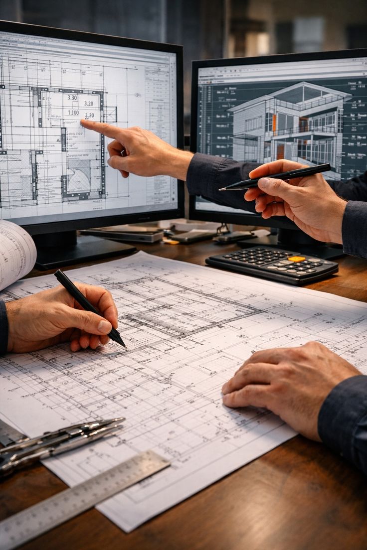 Architekten bei der Gebäudeplanung mit Bauplänen und digitaler 3D-Modellierung am Bildschirm – Building Information Modeling (BIM).