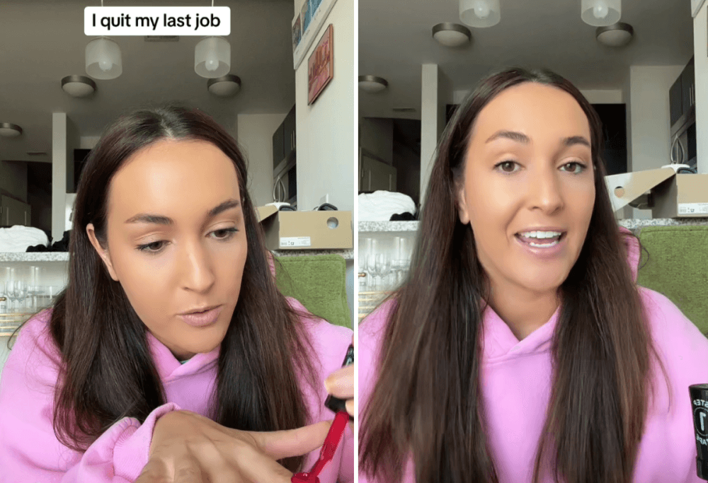 Due fotogrammi affiancati di una ragazza in felpa rosa che parla alla camera da casa, con la scritta “I quit my last job” in sovrimpressione, a rappresentare il racconto pubblico e informale delle dimissioni sui social.​