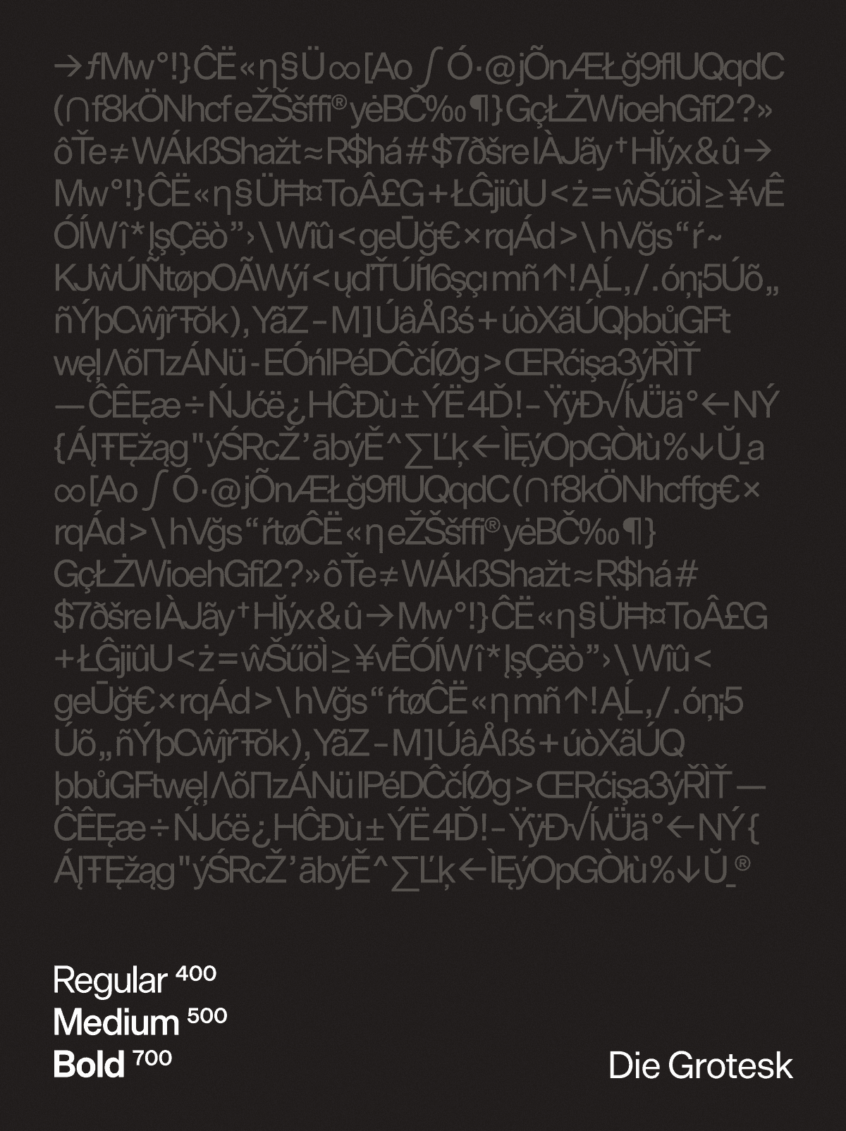 Die Grotesk type specimen with special characters