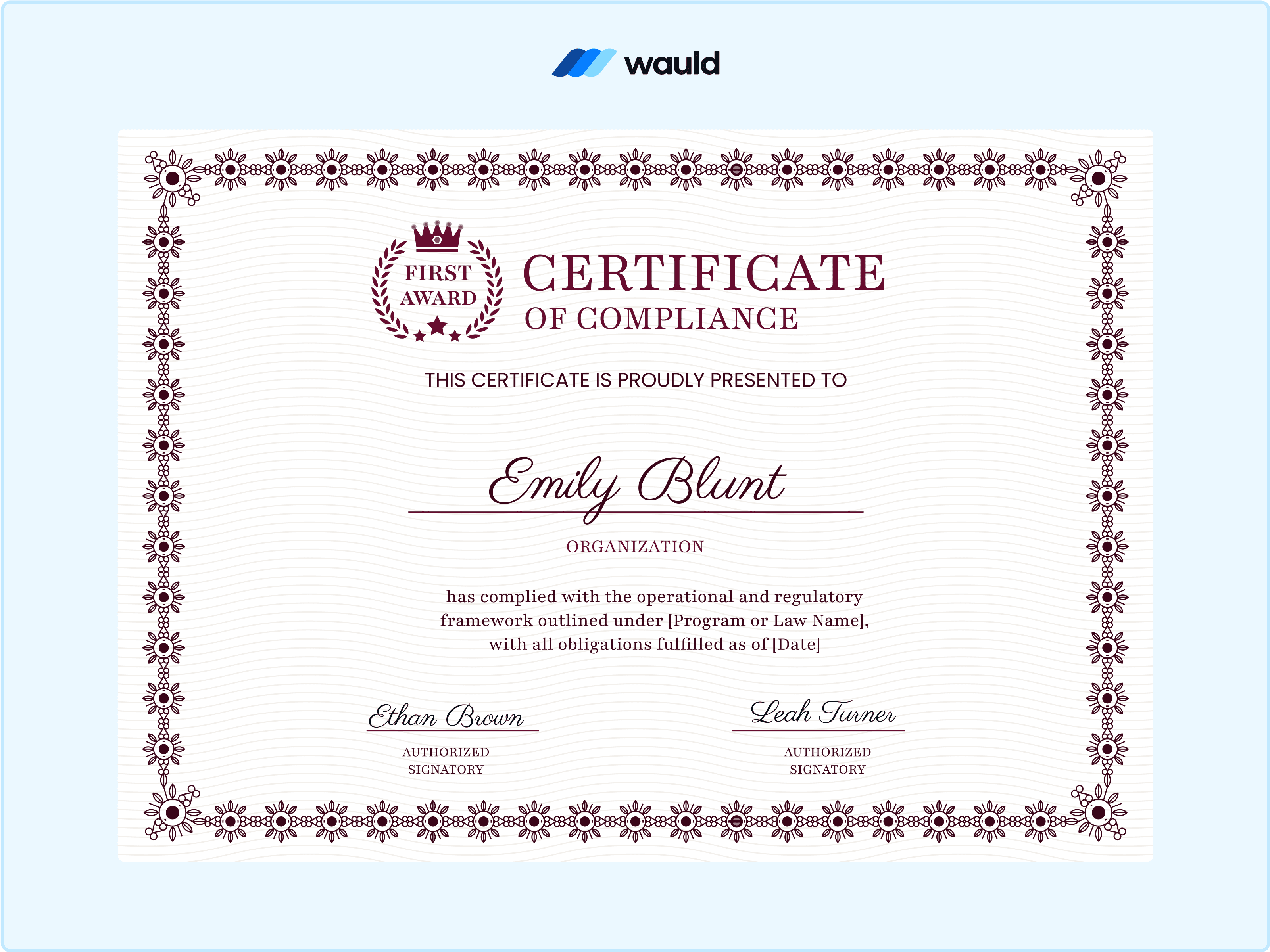 Wauld - A Premium Red Compliance Certificate Template