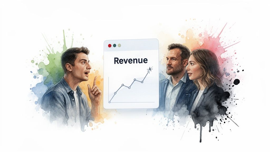 Three business people discussing a digital dashboard showing a rising revenue graph, depicting growth.