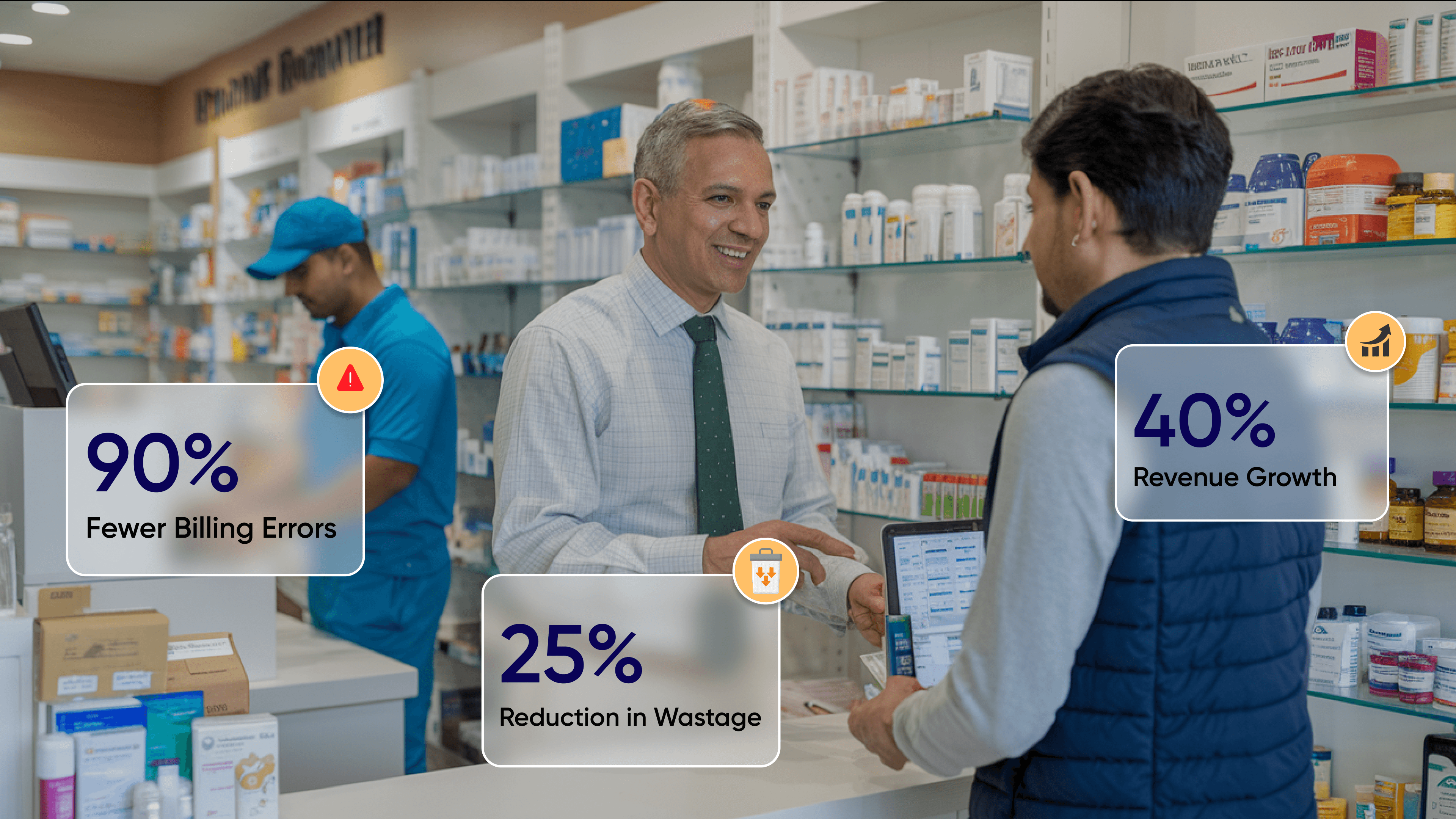 A smiling pharmacist assisting a customer in a well-organized pharmacy with shelves stocked with medicines. The pharmacist uses a digital billing system displayed on a tablet. Overlayed text shows metrics such as 90% fewer billing errors, 25% reduction in wastage, and 40% revenue growth, illustrating the impact of pharmacy management software on business efficiency. - Medicine delivery trends in India - Online pharmacy challenges - Future of pharmacy technology - Local pharmacy innovations - Pharmacy software benefits - E-pharmacy market India - Competing with online pharmacies - Marg billing software alternatives - Ezo billing machine comparison - Apollo Pharmacy app review