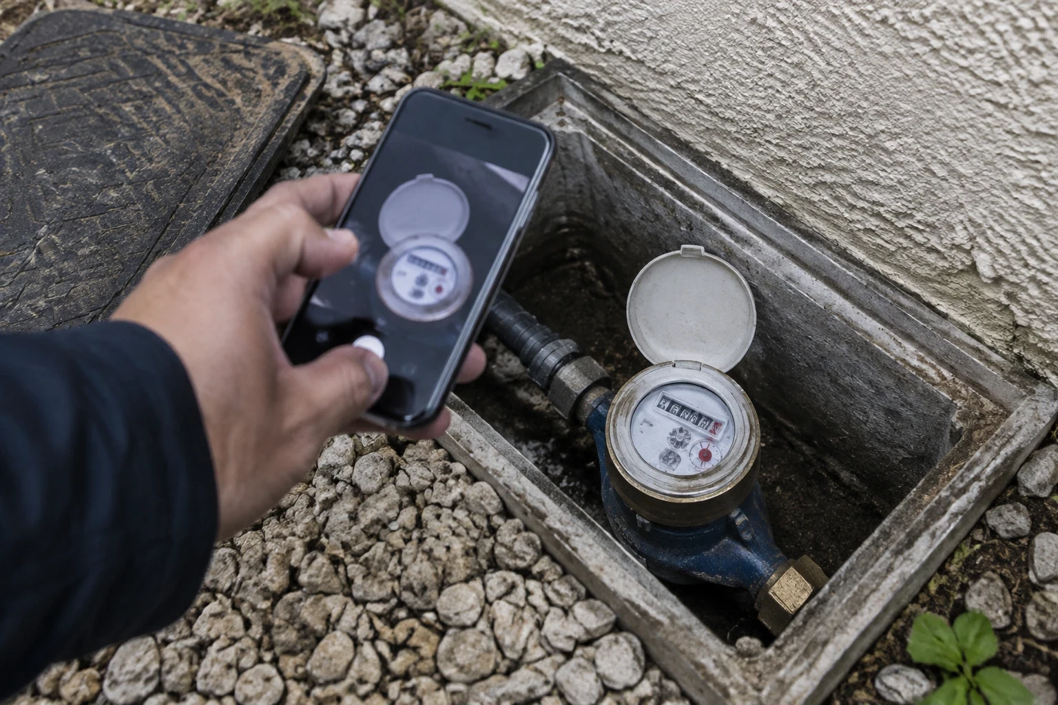 Une personne photographie le cadran d’un compteur d’eau dans son regard, au pied d’un mur