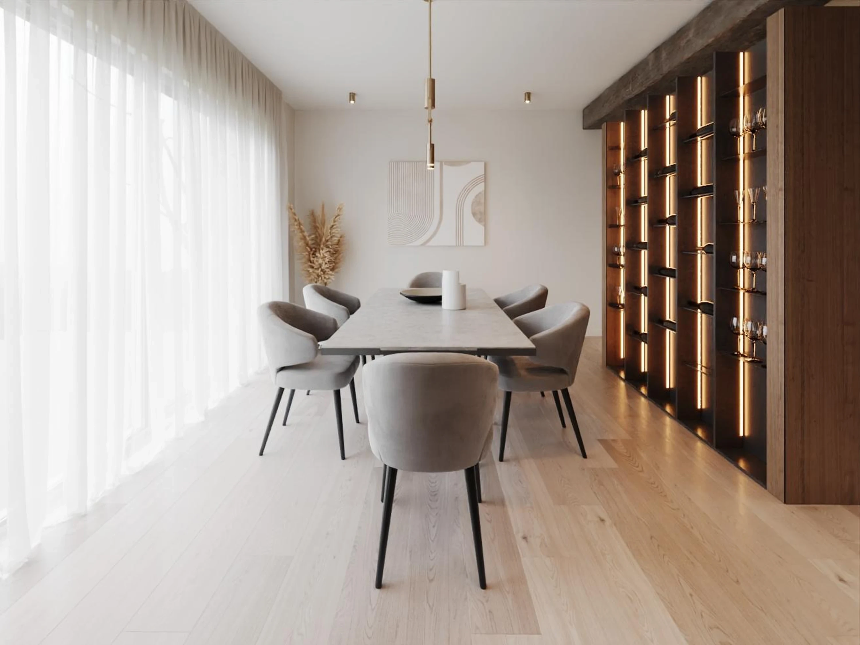 Détail — joint creux entre lambris et minéral.