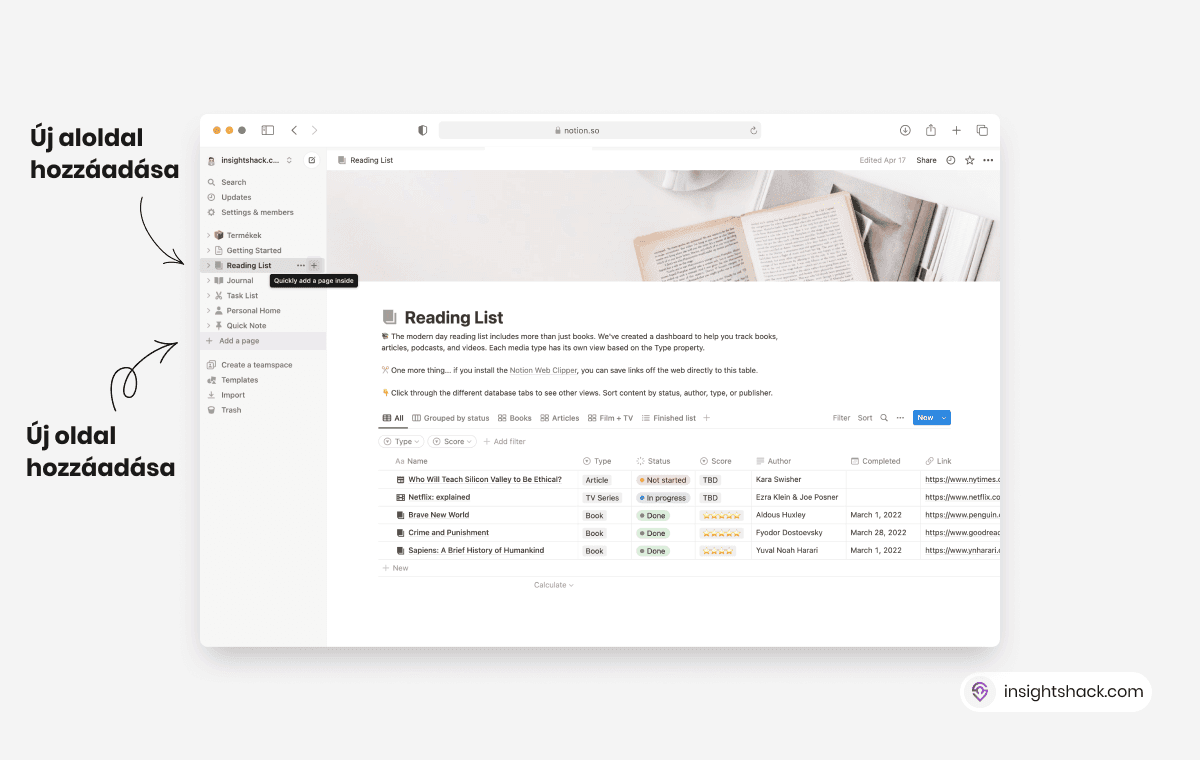 Új oldal és aloldal felvétele a Notionben.