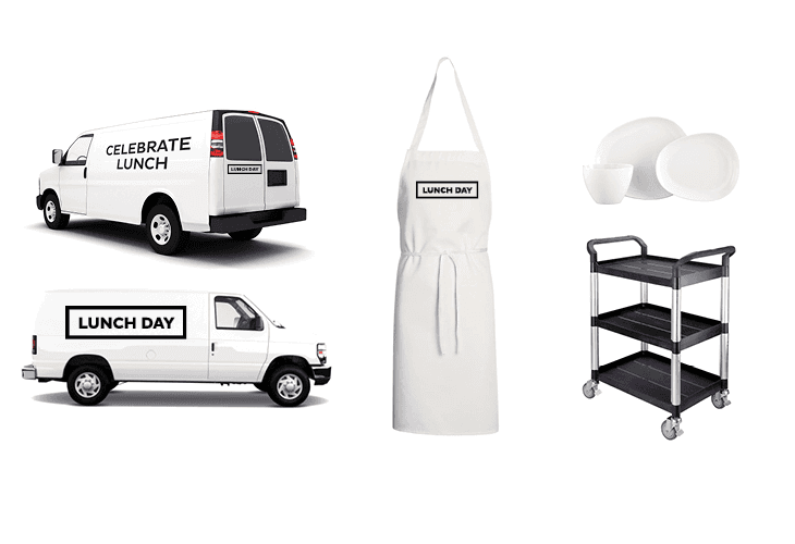 A white van with the words “CELEBRATE LUNCH” on its side is depicted in two views: a rear three-quarter view and a side profile view. Below the van, a white apron labeled “LUNCH DAY” hangs vertically. To the right, a three-tiered black metal cart with wheels holds two white plates and two white bowls.