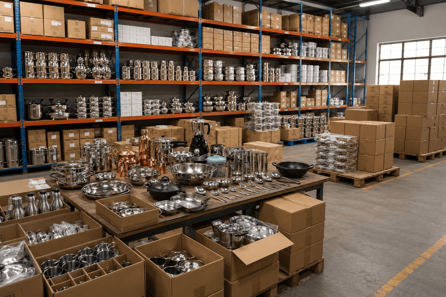 warehouse with kitchenware , cookware, mixer grinders, SS utensil