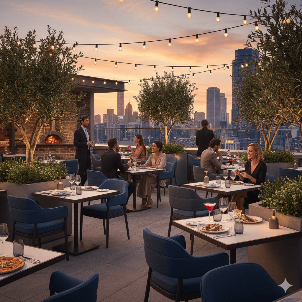 Luxury rooftop terrace dining and cafe seating at M3M Sector 25 Gurugram