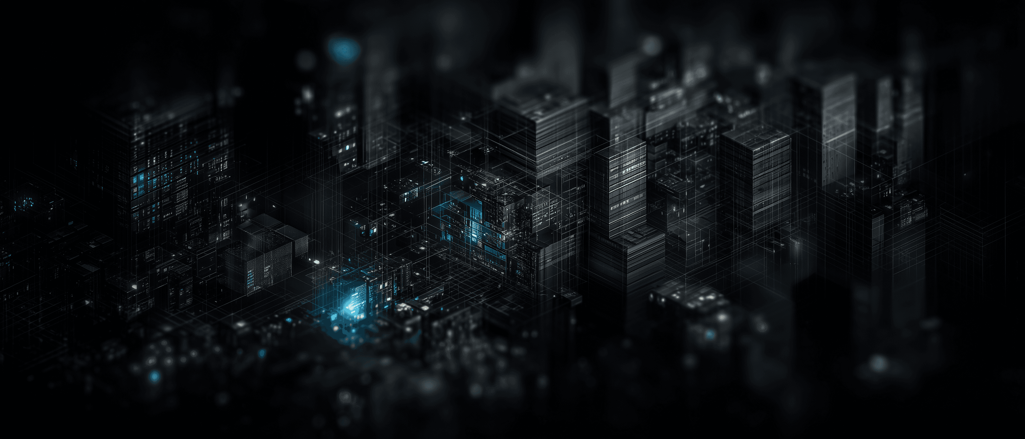 Abstract digital cityscape with dark translucent building forms, blue data glow, and grid-like network lines suggesting governed trade intelligence infrastructure.