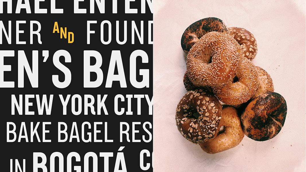 The image is divided into two sections. On the left, there is a black background with white text that reads “HAEL ENTER AND FOUND EN’S BAG NEW YORK CITY BAKE BAGEL RES IN BOGOTÁ C”. On the right, there is a pile of sesame seed bagels on a light pink surface. The bagels vary in color, with some appearing darker and others lighter.