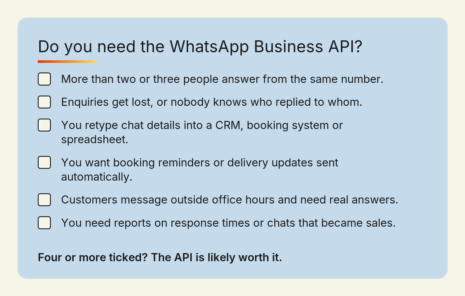 Six-point checklist for deciding whether a Hong Kong business needs the WhatsApp Business API