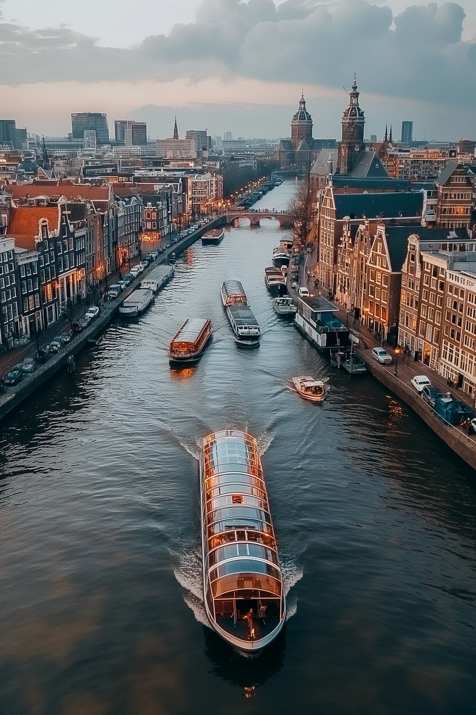 Canal de Amsterdã com barcos e arquitetura tradicional europeia