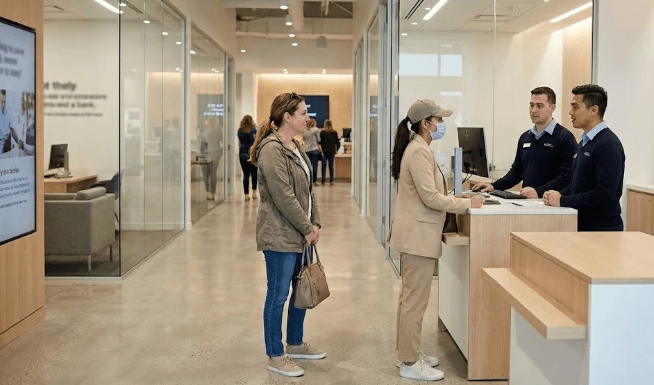 A reception area with two staff members assisting two visitors at the front desk in a modern environment.