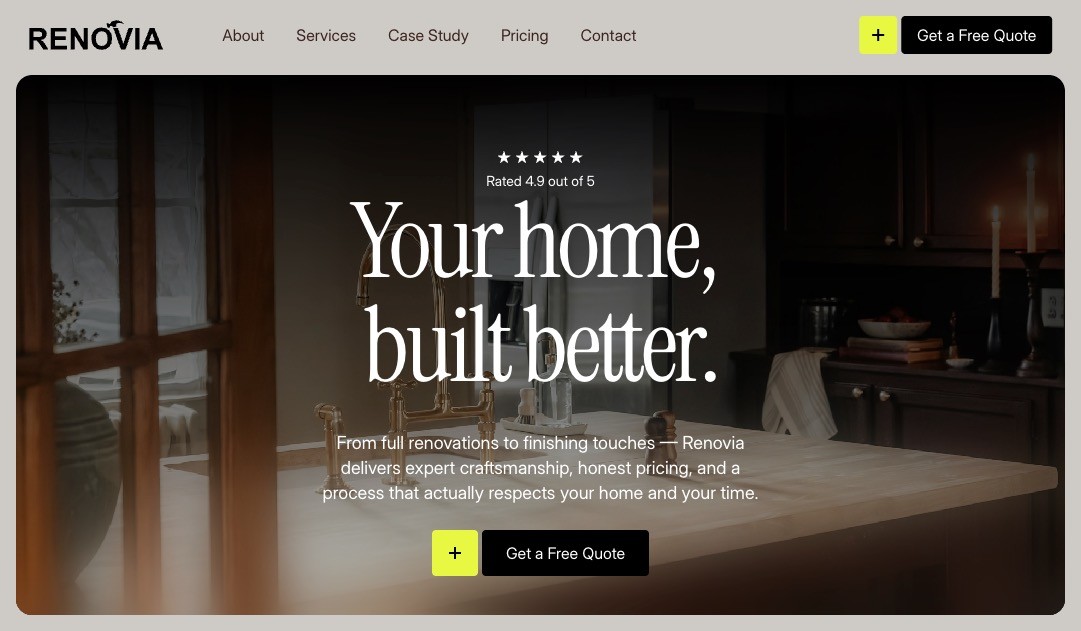 Renovia is a sleek, high-converting one-page Framer website template built for home improvement companies, contractors, and renovation professionals.