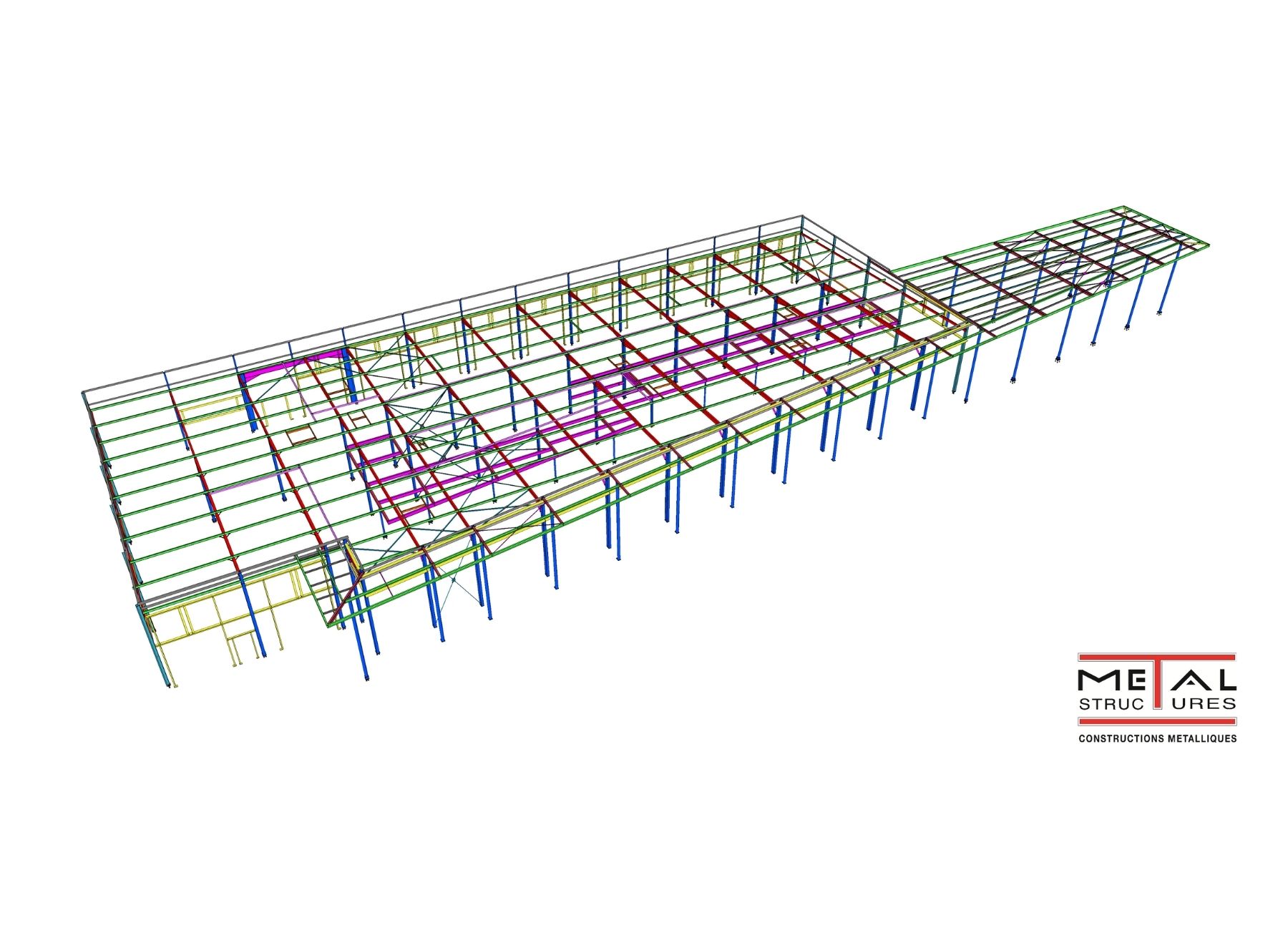 Modèle 3D de la structure acier du bâtiment, réalisé sur logiciel de calcul et de dessin industriel.