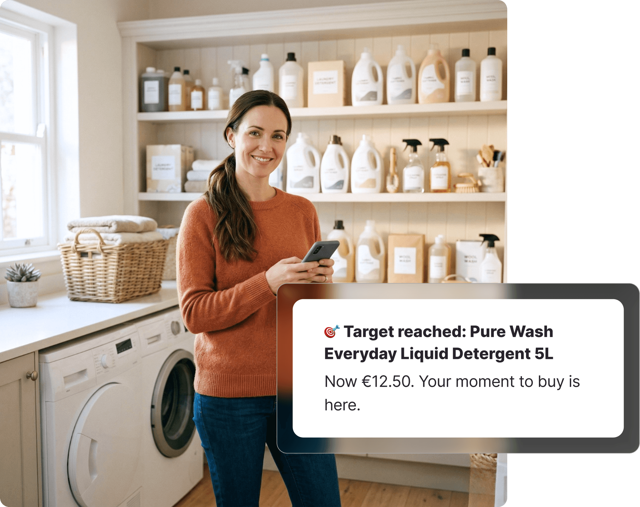 Woman in a laundry room smiling at her phone, with shelves of cleaning products and a washing machine behind her, receiving a Coles target price notification for liquid detergent on Whisprice.
