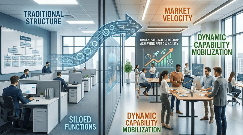 Flow chart of traditonal office structures and siloed functions shifting toward dyanmic capabilities.