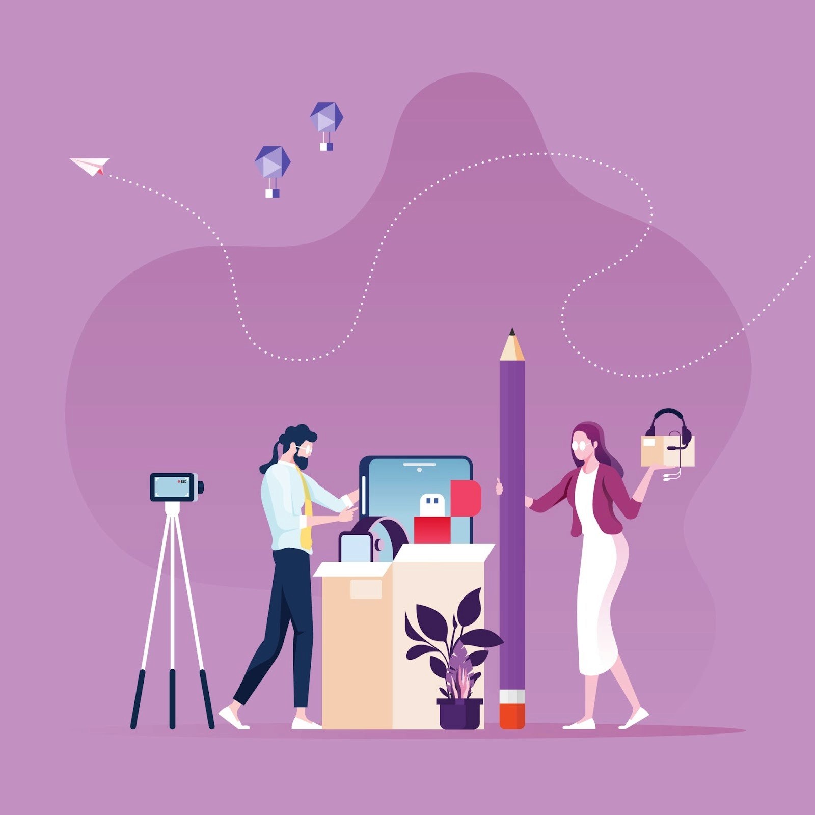 Two creators filming a product unboxing video with a camera and tripod, illustrating influencer content creation for brand campaigns