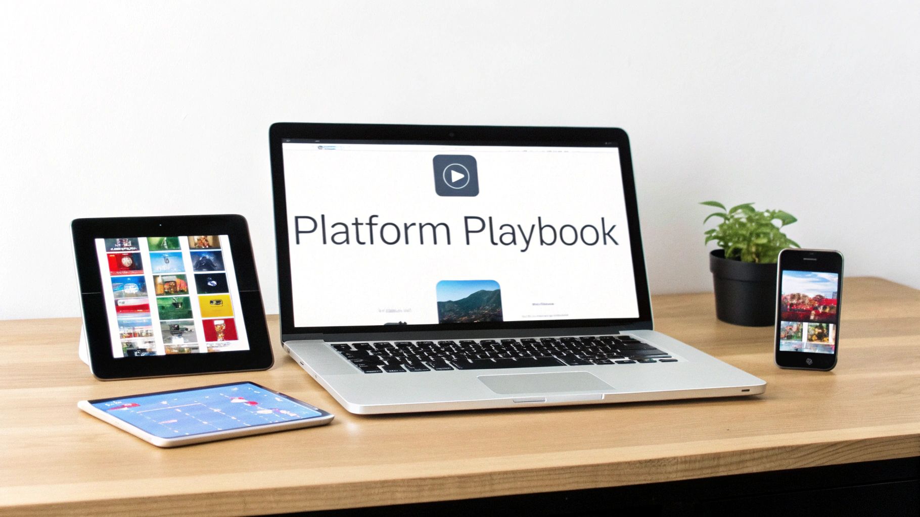 Apple devices, including a MacBook, two iPads, and an iPhone, displayed on a wooden desk.