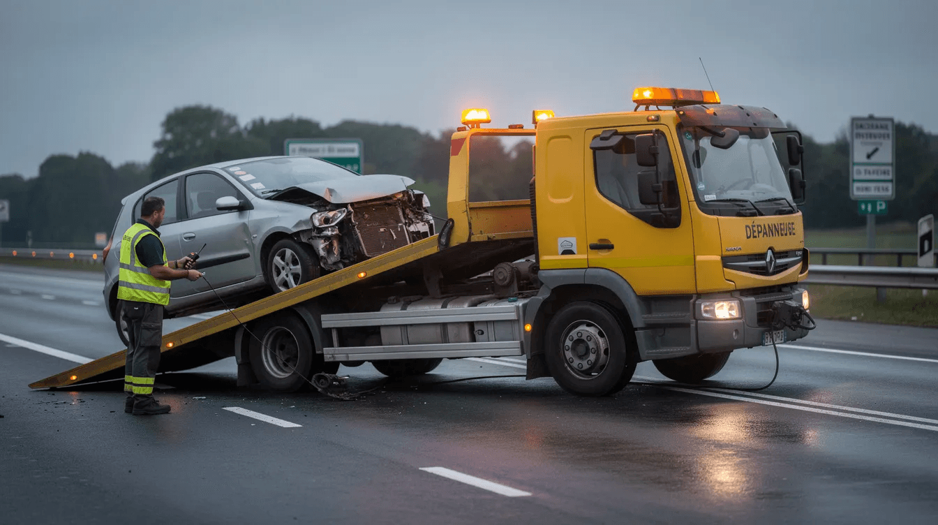 Une dépanneuse est en train de charger une voiture accidentée sur un plateau, illustrant le processus d'enlèvement d'épave. Ce véhicule gravement endommagé sera probablement pris en charge par un professionnel pour une gestion appropriée, incluant des démarches comme le certificat de destruction.