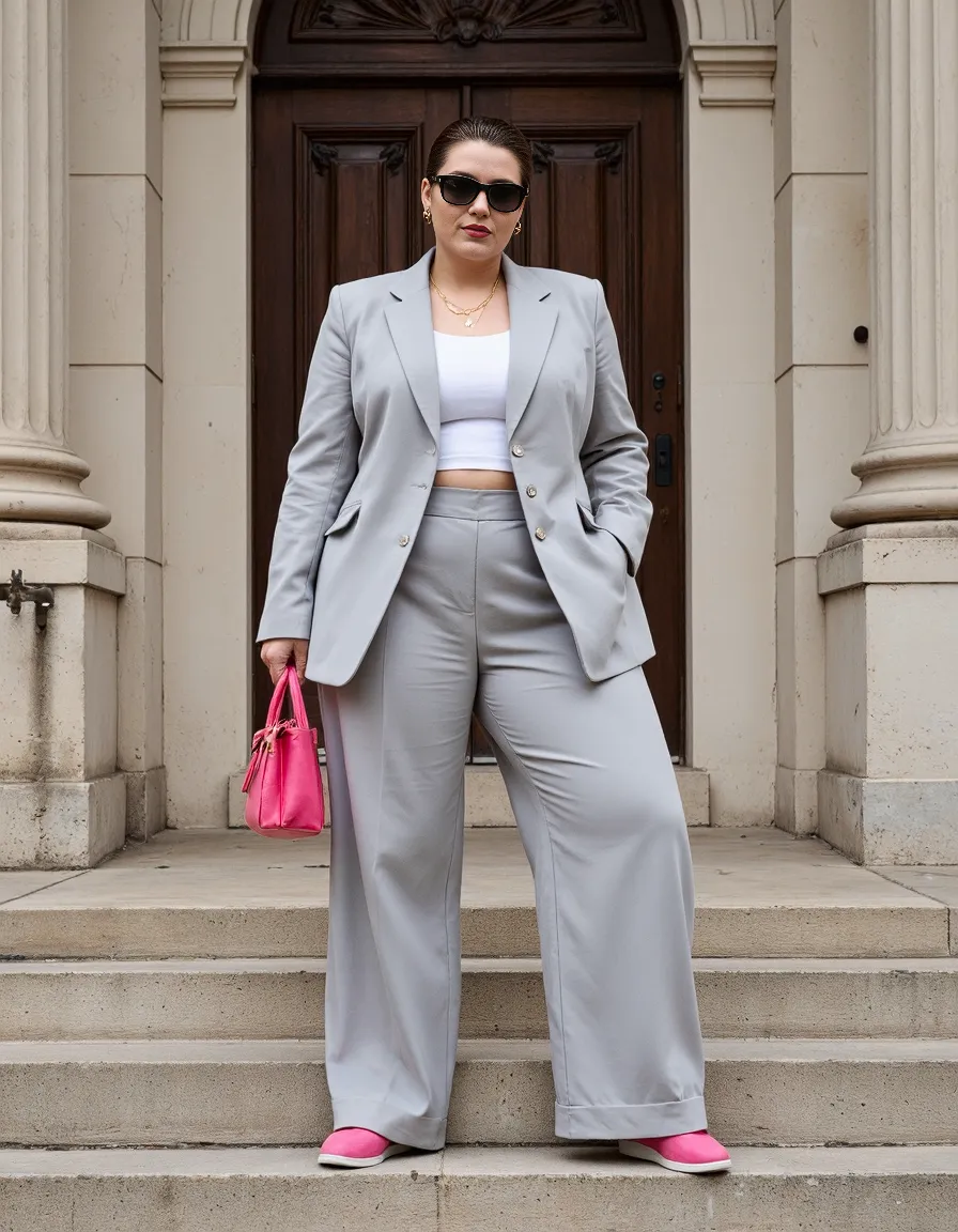 Stylish light gray power suit with white crop top, complemented by bright pink accessories against an elegant doorway backdrop.