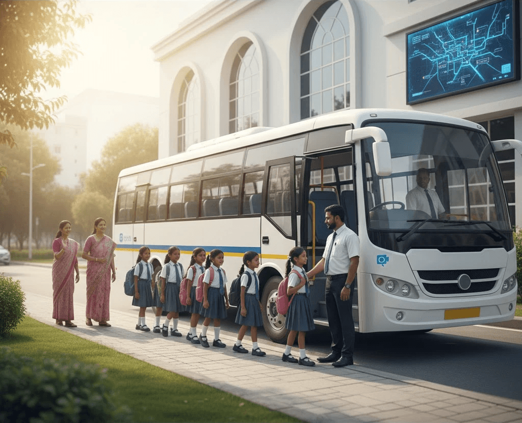 A school building stands against the backdrop of a clear sky