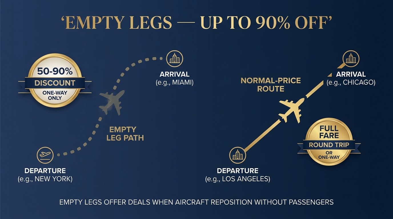 Private jet empty leg positioning flight savings — 50 to 90 percent off standard price, schedule flexibility, more frequent off-peak, short notice