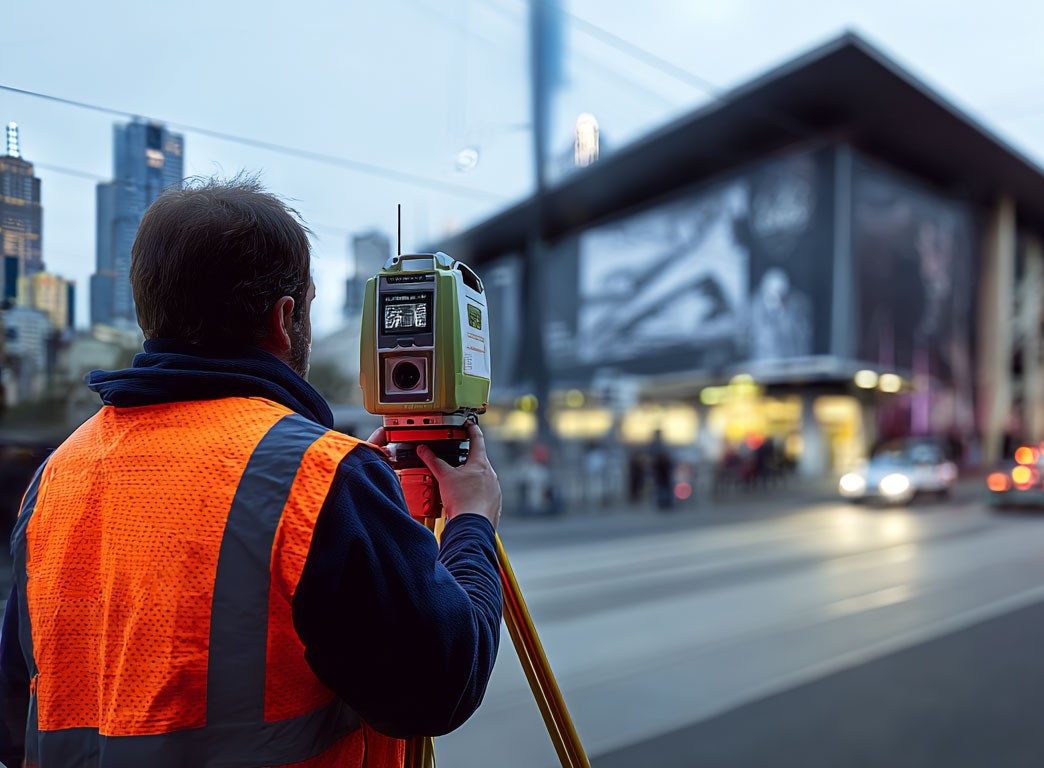 Land surveyor in a high-visibility vest using a total station on a city street at dusk.