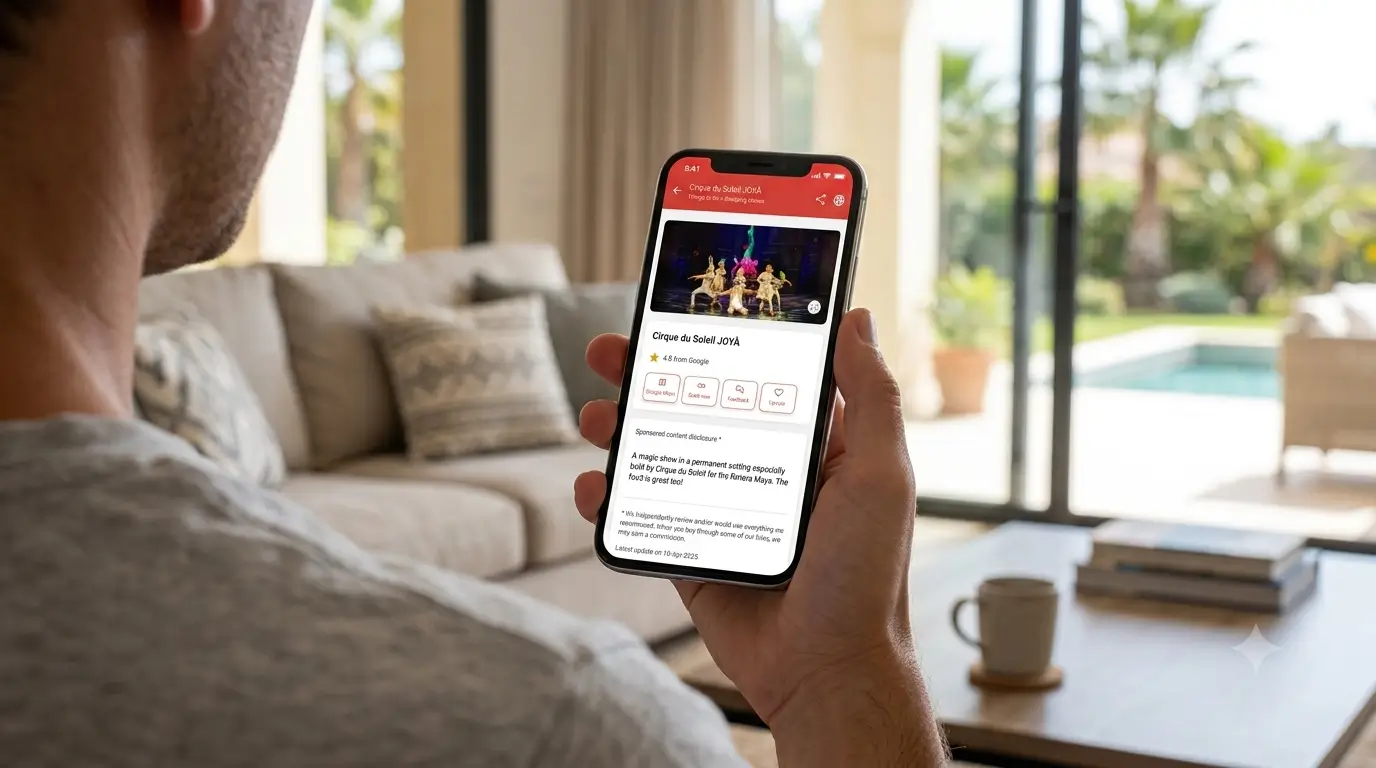 A guest holds a phone showing SmoothStay’s short-term rental digital guidebook home screen with a host’s local recommendation.