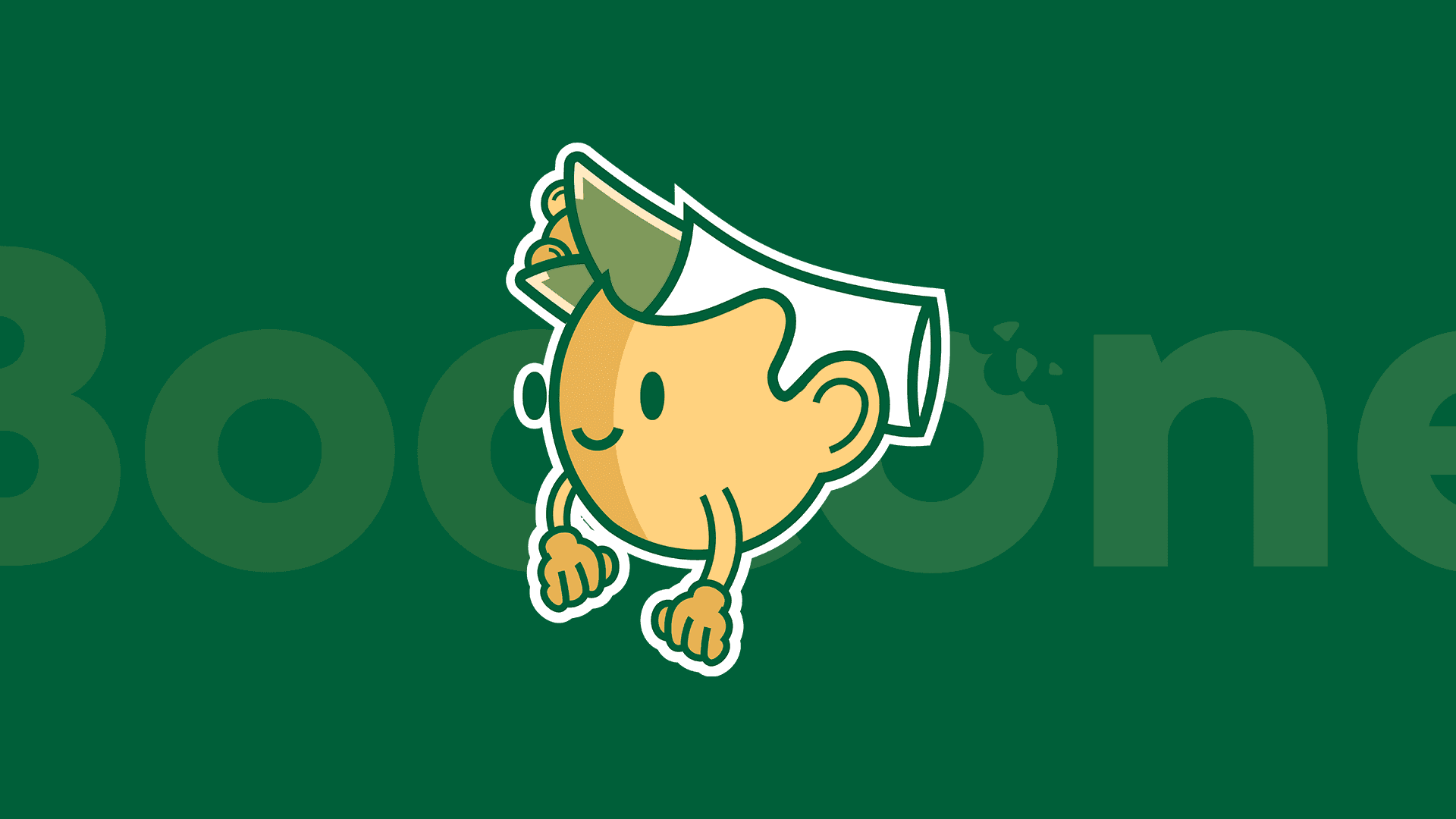 Boccone Café mascot illustration featuring a cheerful yellow character with a green hat on a solid green background.