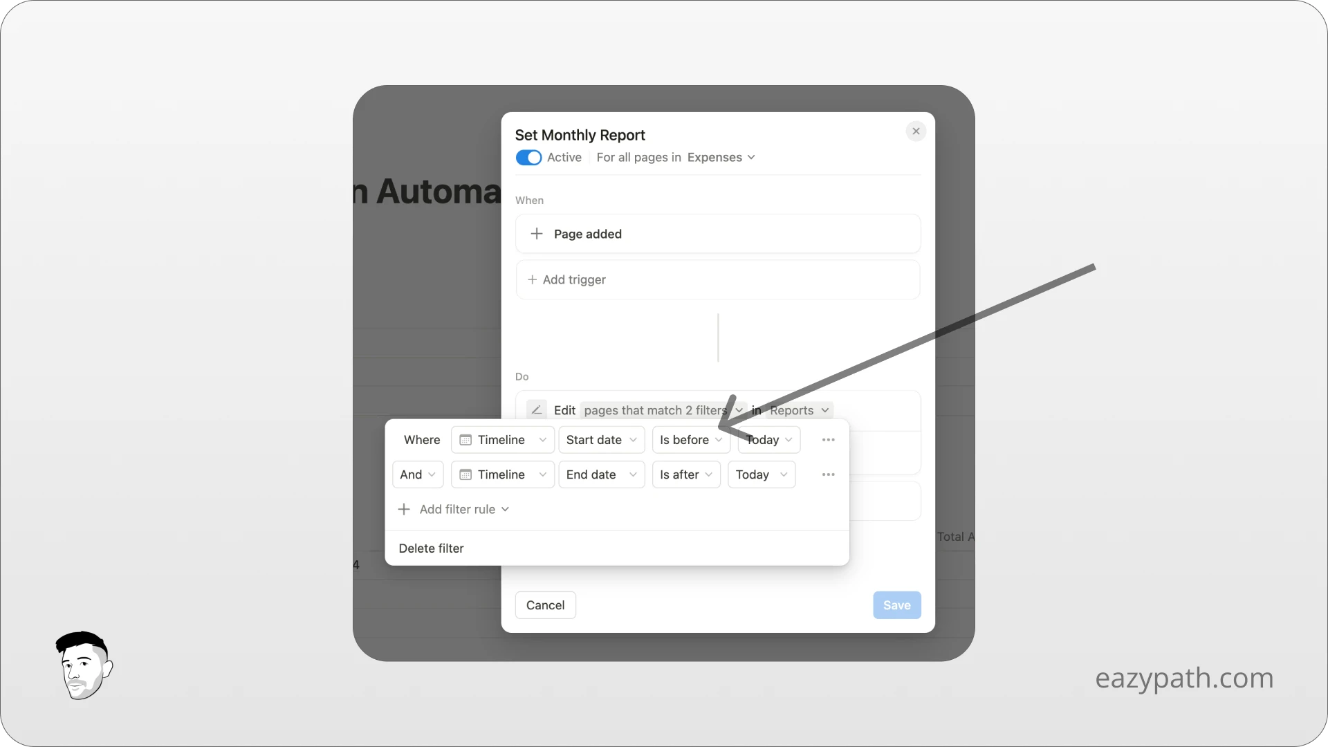 Specific Uses Cases of Notion Database Automations - Link an expense to a Monthly Report - Action Filter