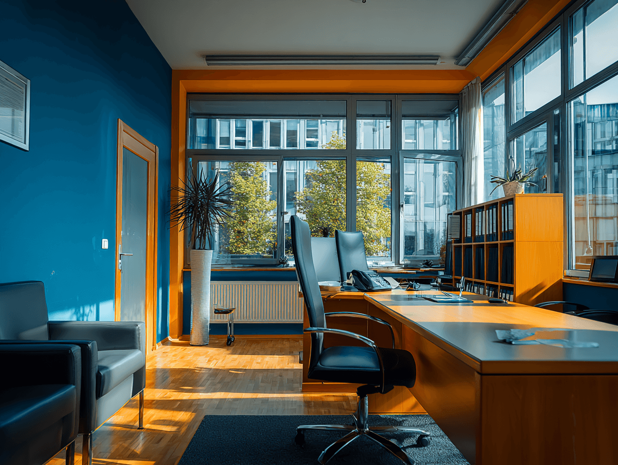 Stylish office workspace with desks, shelving, and large windows letting in natural light.