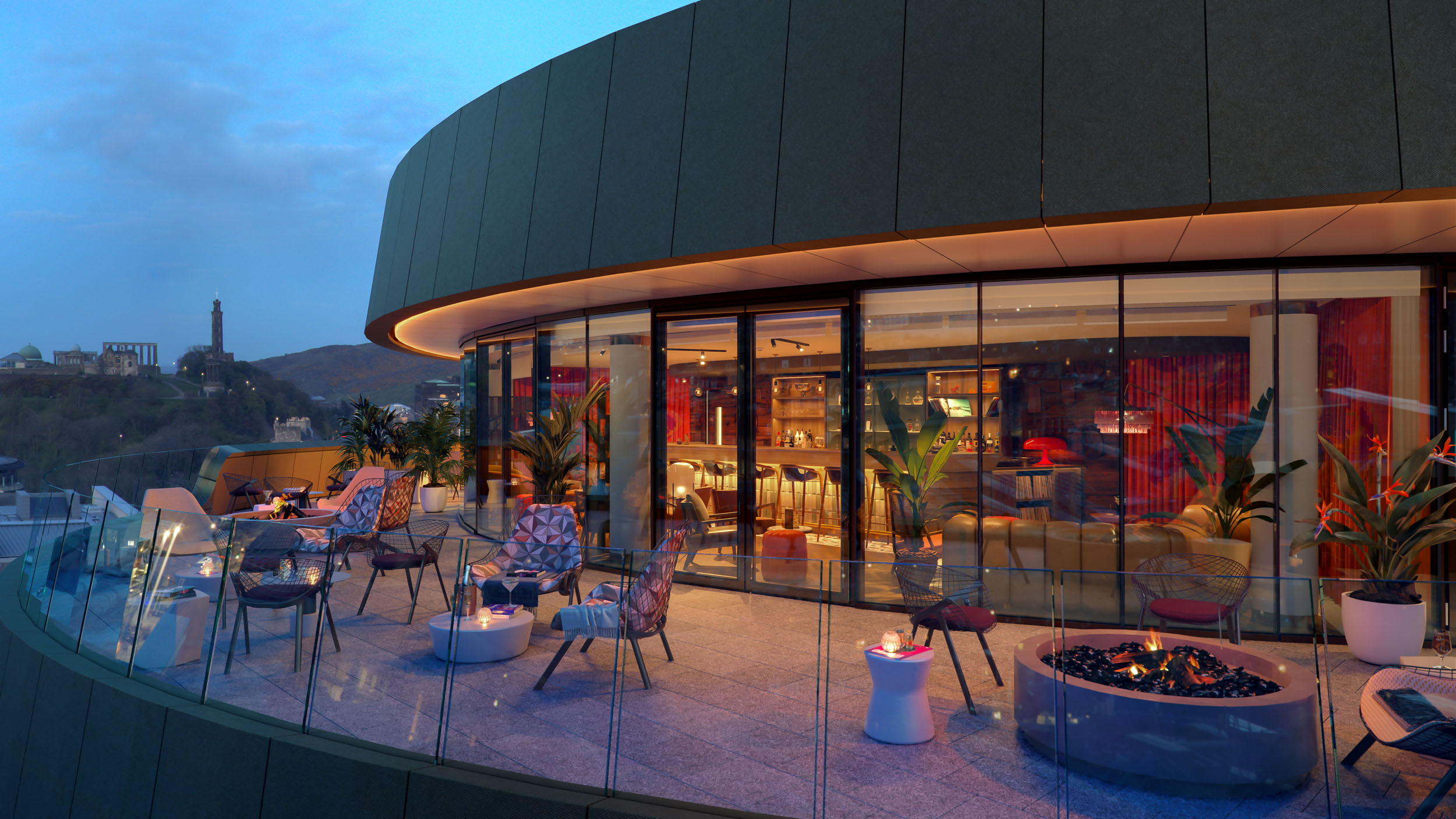 Architectural render of a luxury rooftop bar with cityscape view.