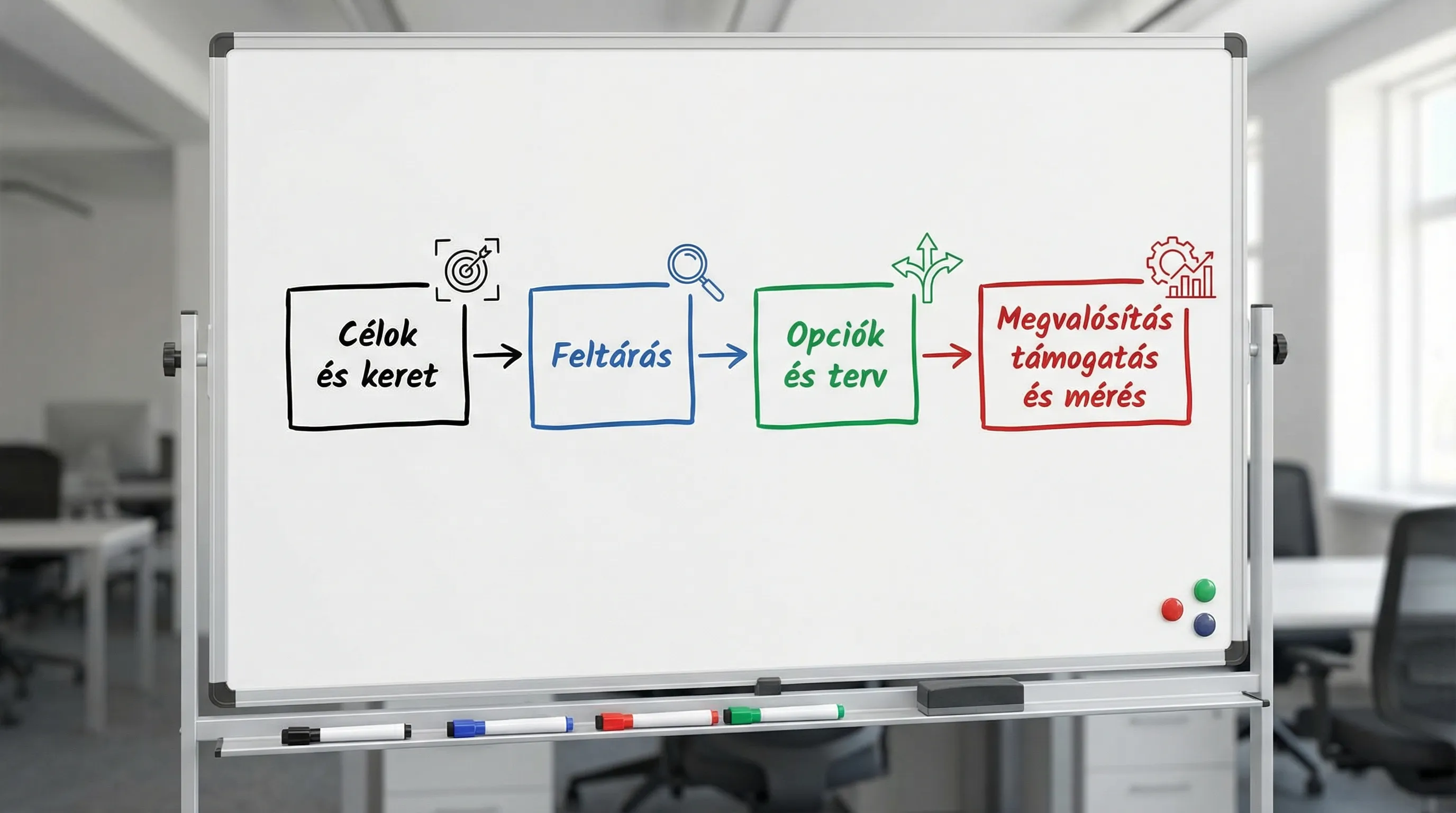 Egyszerű 4 lépéses folyamatábra: Célok és keret, Feltárás, Opciók és terv, Megvalósítás támogatás és mérés.