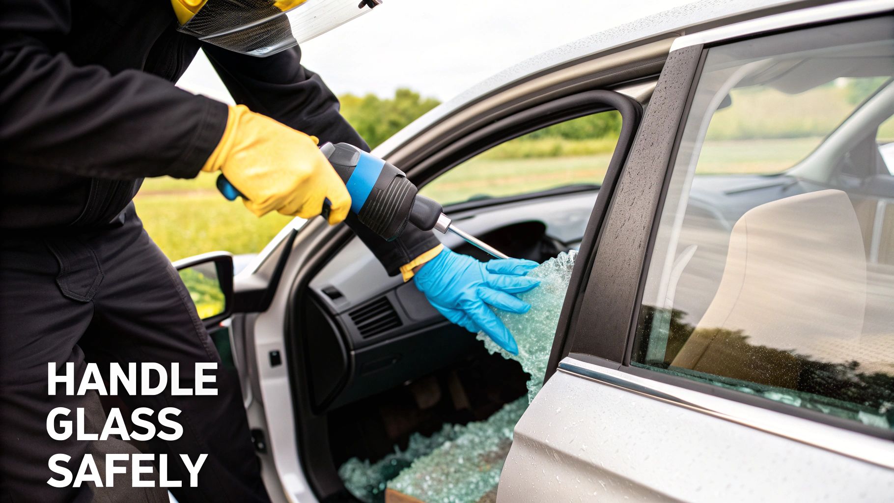 A person wearing protective gear handles shattered car window glass with a tool and gloved hands.