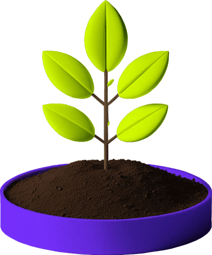 A 3D plant with green leaves, over soil in a small purple pot