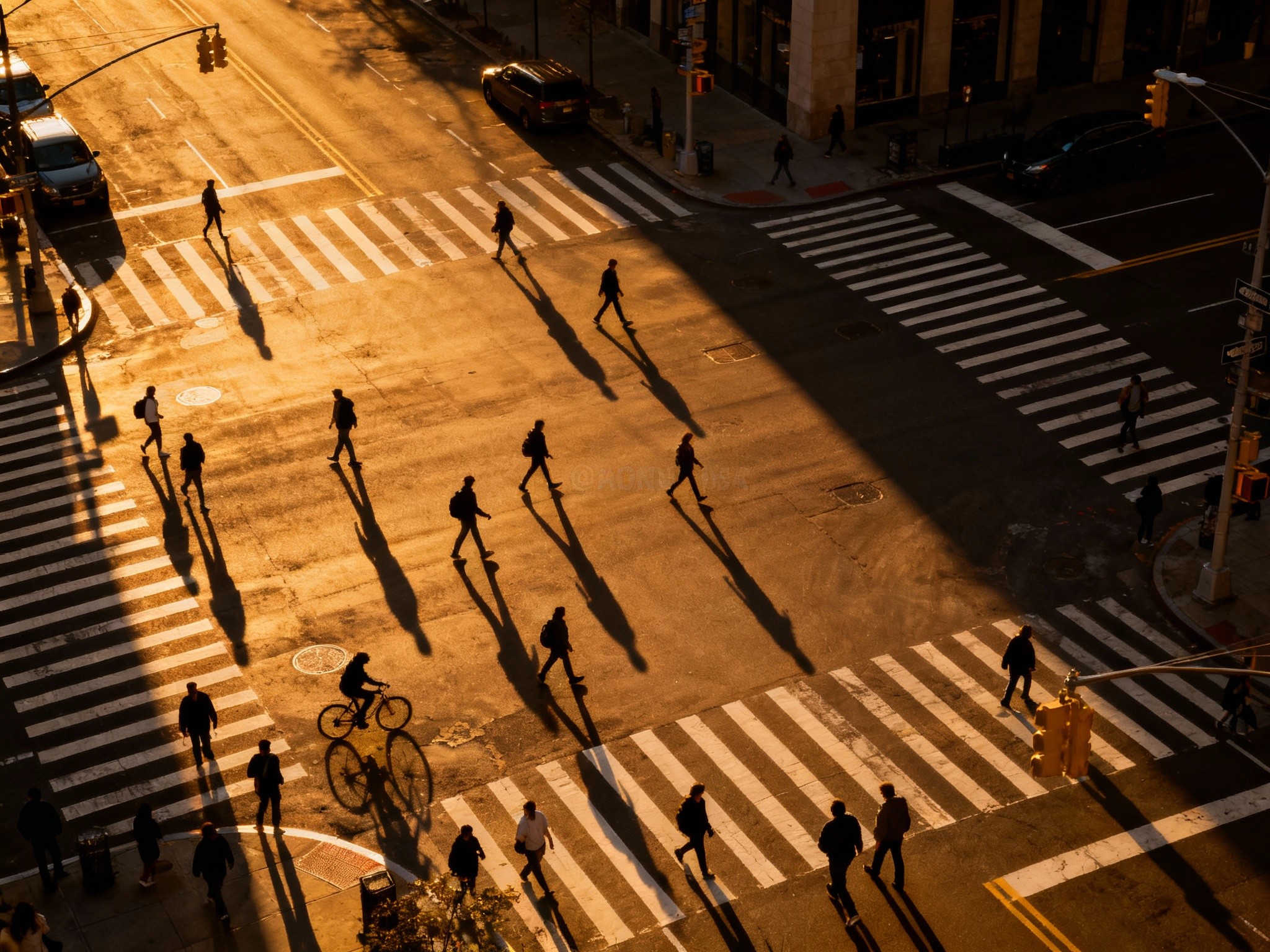 An editorial-style shot of a bustling urban street at golden hour, composed with a high vantage