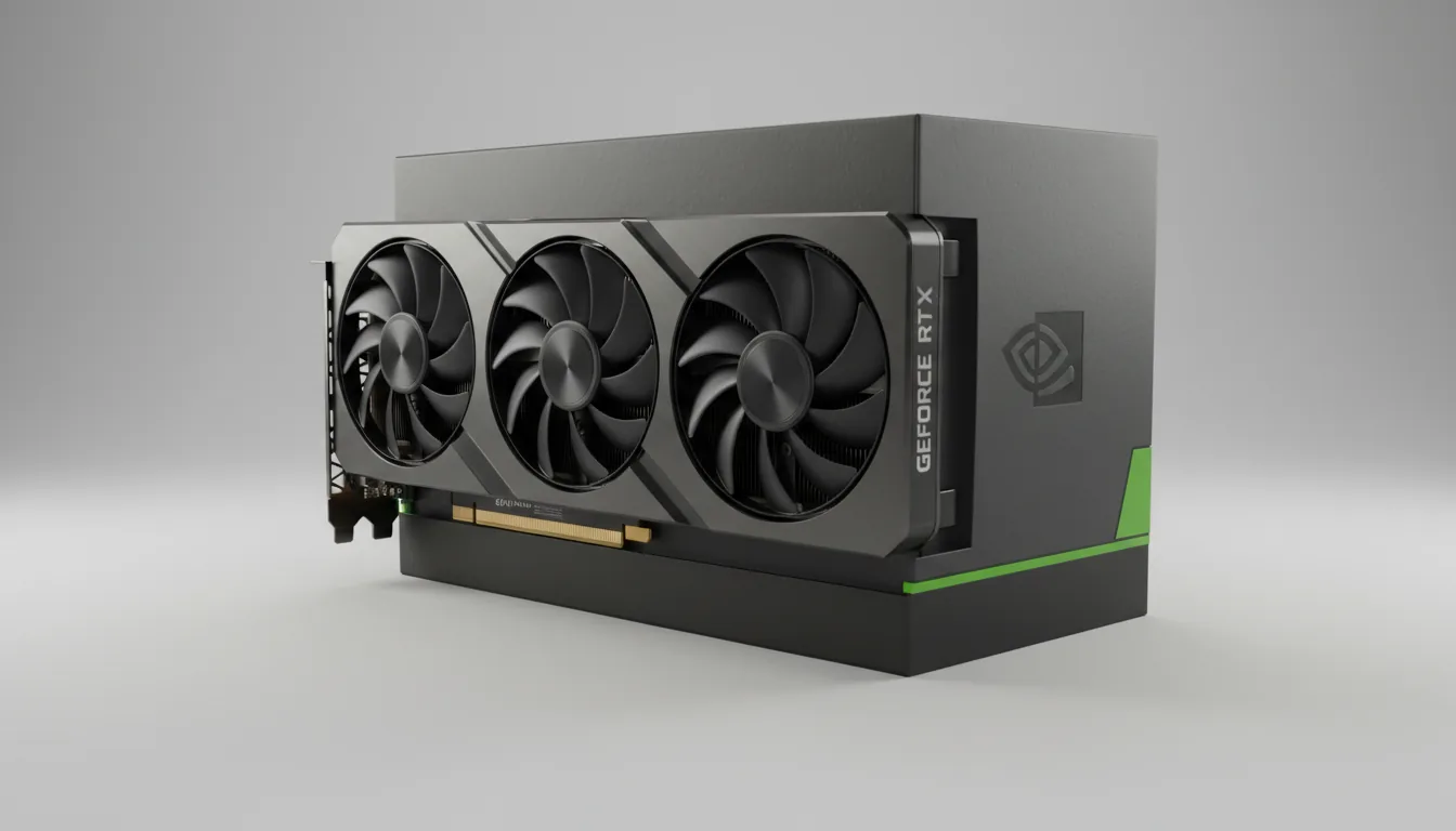 DSLR product photograph of a modern NVIDIA RTX 4070 SUPER graphics card, partially emerging from its dark gray product box. The shot is a clean, medium close-up under soft studio lighting, set against a seamless neutral gray background. The focus is sharp on the card's dark matte metallic shroud, the large black cooling fan, and the visible PCIe connector. The composition is angled, showcasing the sleek industrial design and textures of the hardware.