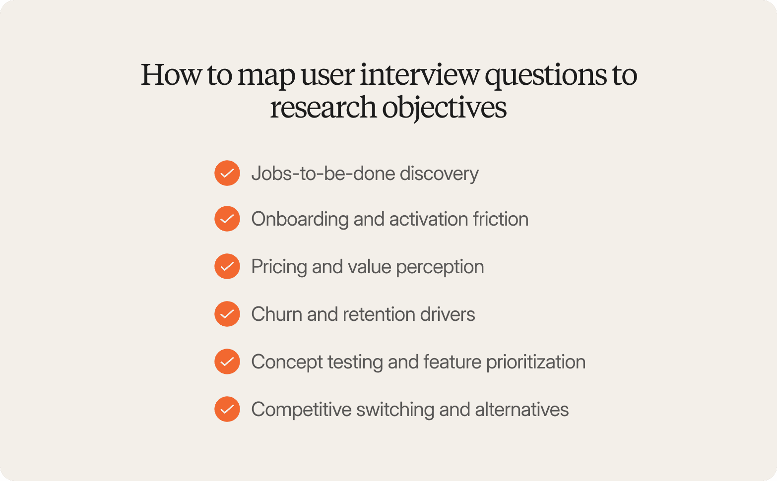 Infographic titled "How to map user interview questions to research objectives" listing six areas: jobs-to-be-done discovery, onboarding and activation friction, pricing and value perception, churn and retention drivers, concept testing and feature prioritization, and competitive switching and alternatives