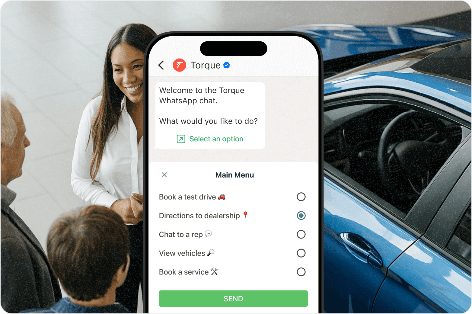 A dealership scene overlaid with a 'Torque' WhatsApp chat screen offering options like 'Book a test drive' and 'Chat to a rep'.