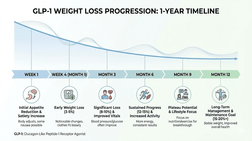 GLP-1 weight loss timeline week by week from first dose to one year results