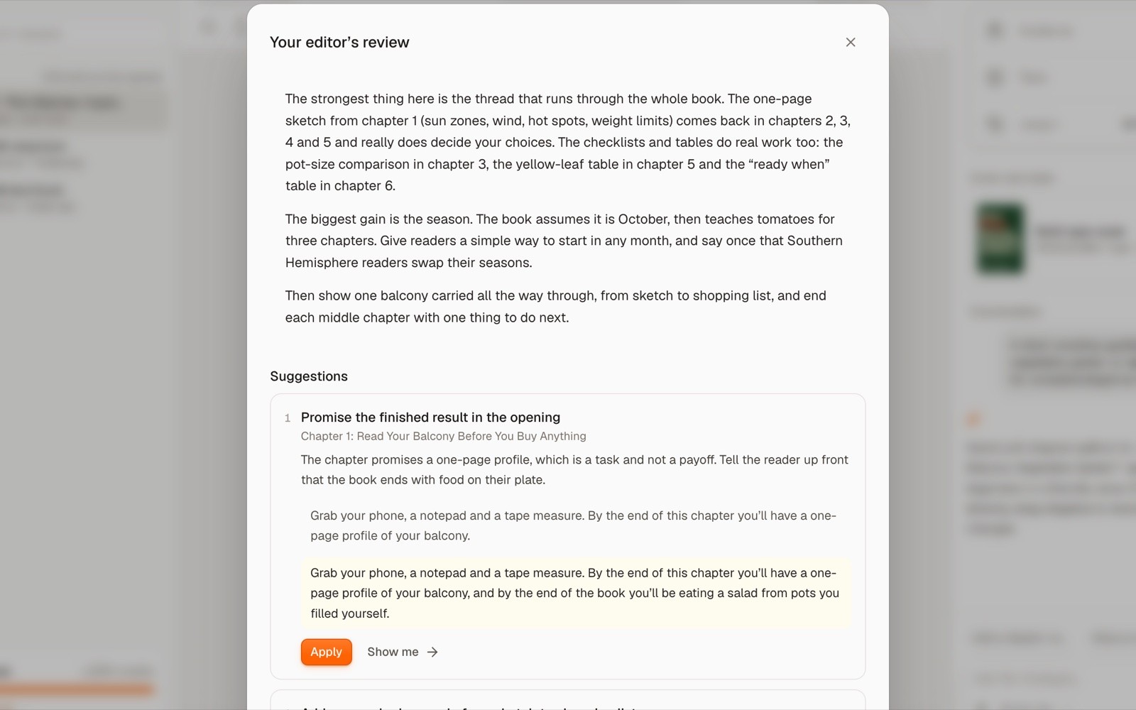 Koobe’s editor’s review of “Your First Balcony Vegetable Garden”: a short letter on what works and what to improve, then suggestion 1, Promise the finished result in the opening, with the sentence before and after, an Apply button and Show me.