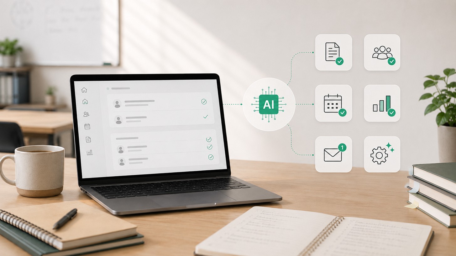 AI assistant automating teacher tasks like reports, schedules, messages, and class management.
