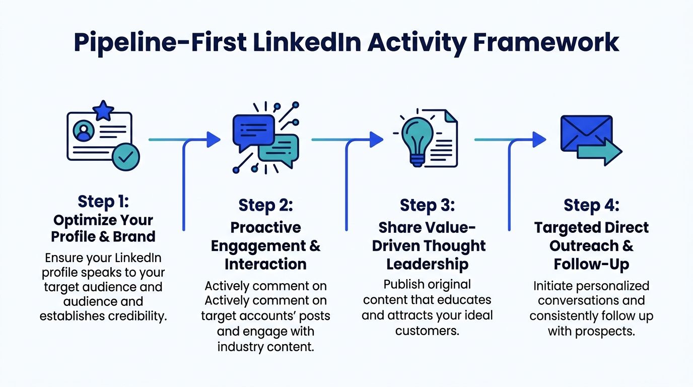 A four-step framework diagram for optimizing LinkedIn activity to build a sales pipeline and professional brand.