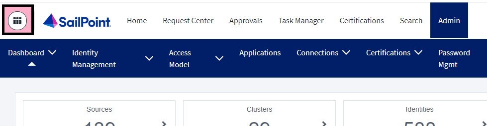 SailPoint IdentityNow Admin dashboard navigation menu with identity management, access model, applications, and certifications options.